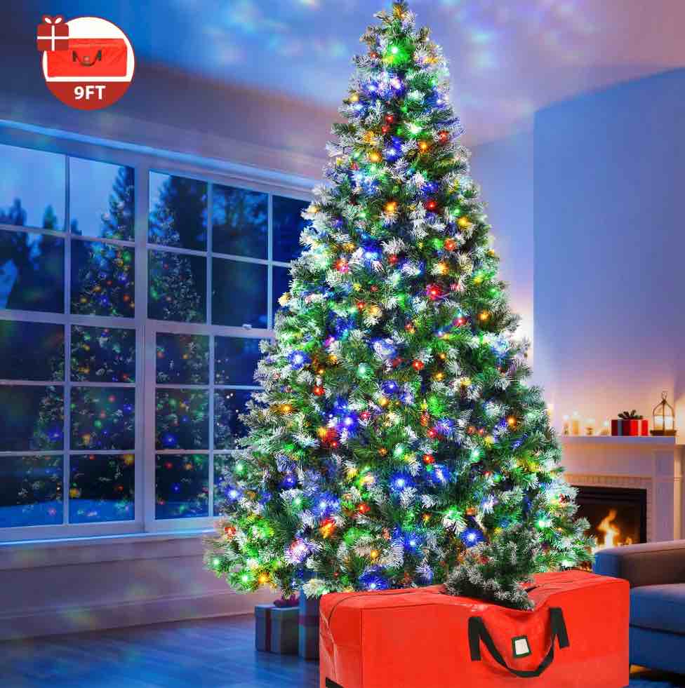 Yexmas 9ft Pre-Lit Green Christmas Tree, 11 Modes Colored LED Lights, Artificial Xmas Tree with Large Storage Bag