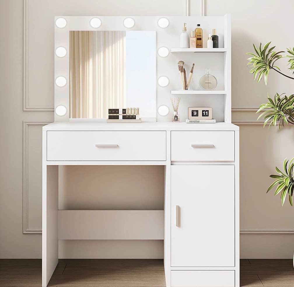 LIVELYGLOW Vanity Desk with Mirror and Lights, Makeup Vanity with Drawer & Storage Shelves, Cabinet, 3 Lighting Modes Adjustable Brightness,White