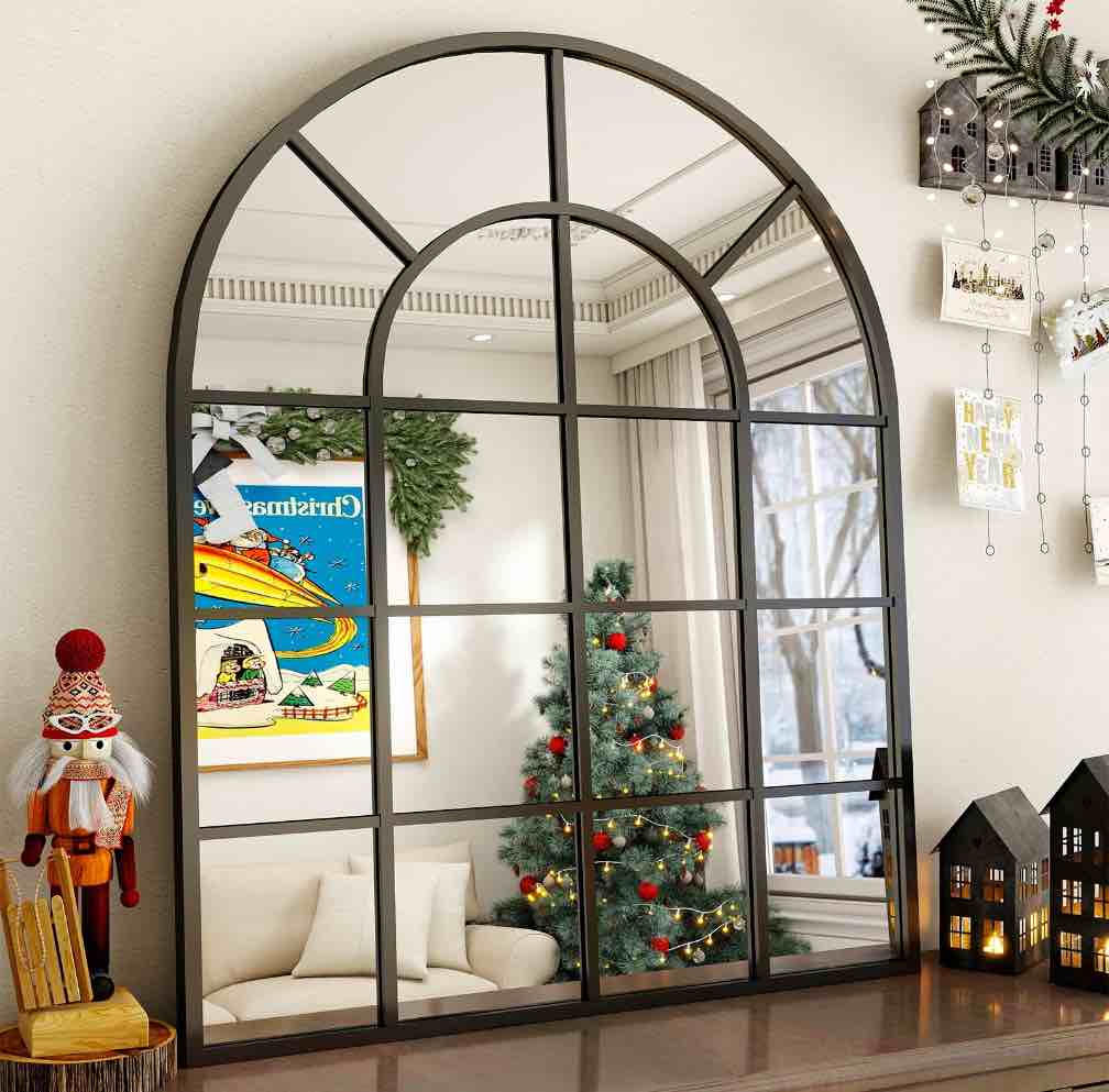 BEAUTYPEAK 40" x 30" Arched Windowpane Mirror Decor Wall Mirror, Black
