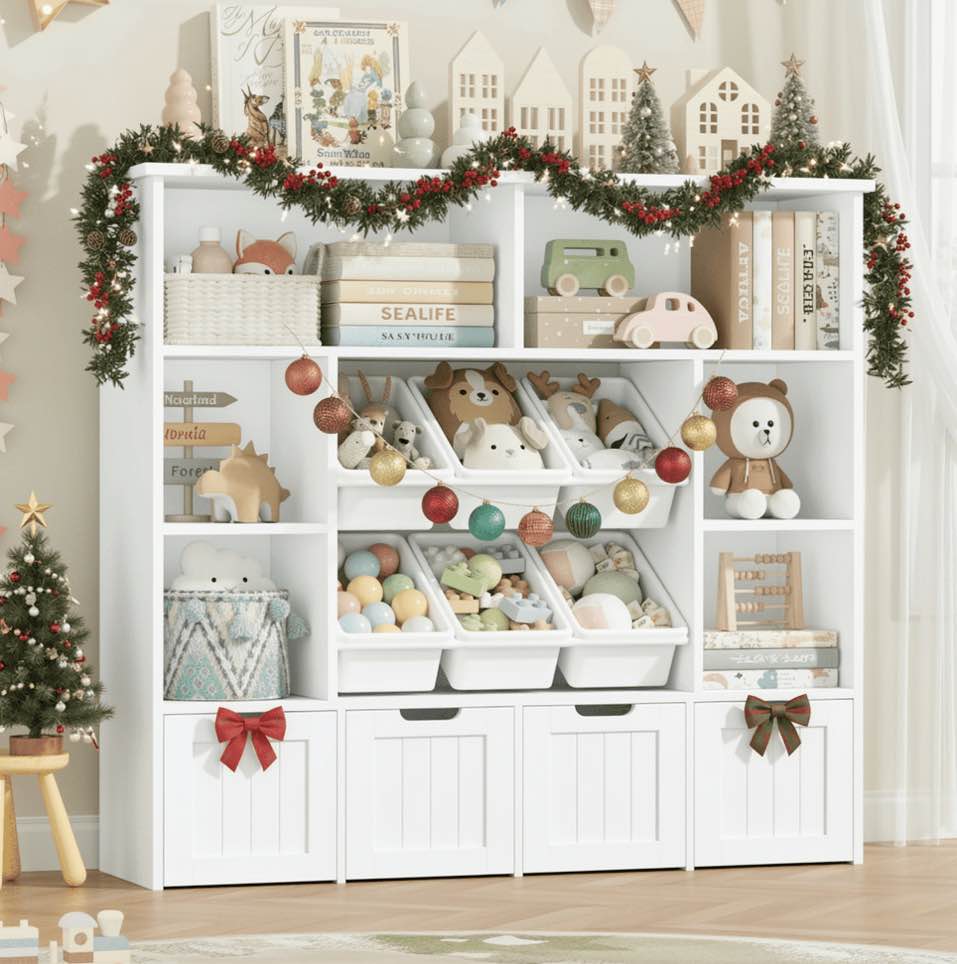 Hiphuta Large 4 Tier Kids Bookcase, Wood Toy Organizer of 6 Boxes & 4 Removable Drawers, Bookshelf for Kids Room, White