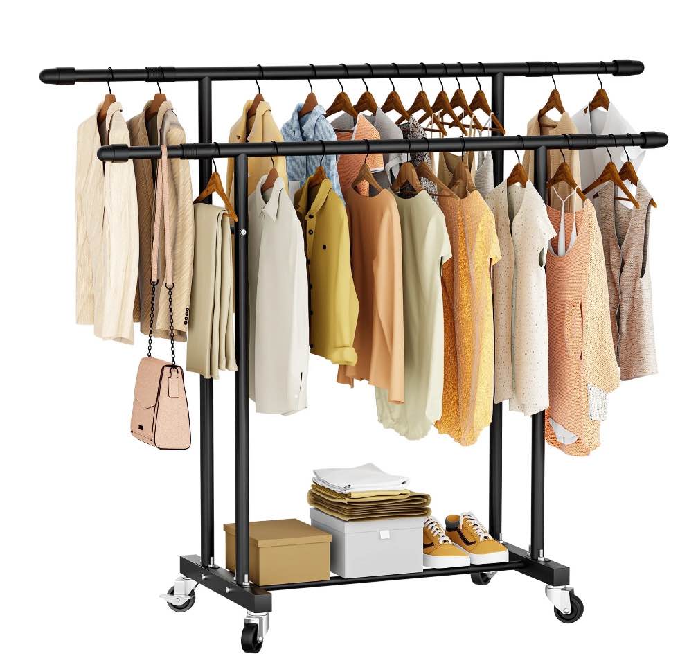 Flngr Heavy Duty Clothes Rack, Standing Rolling Clothing Rack for Hanging Clothes with Sturdy Wheels & Shelves, Portable Closet Wardrobe Rack
