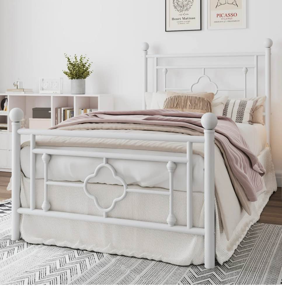 Amolife Twin Size Metal Platform Bed Frame with Vintage Cross Pattern Headboard&Footboard, White