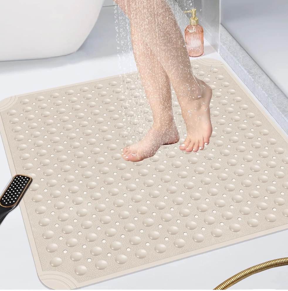 OTHWAY Square Shower Mat 32x32, TPE Non Slip Shower Mat, Inside Shower Mat with Drain Holes Suction Cups, Walk in Shower Mat for Shower Stall, Anti-Slip for Elderly Kids (Beige)