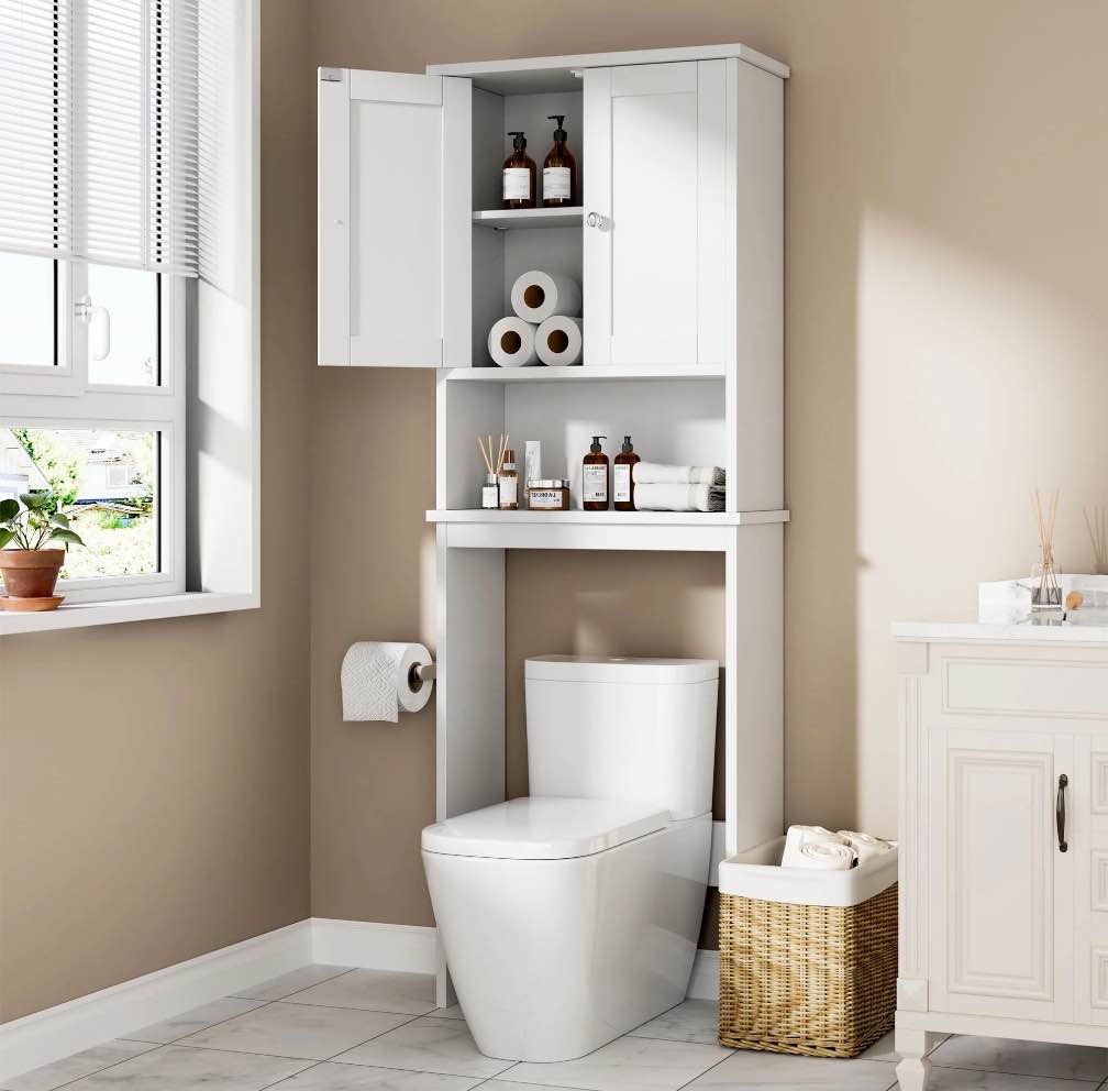 Walsunny Over The Toilet Storage Cabinet Bathroom Shelves Organizer Space Saver Freestanding Restroom Shelf with Doors Anti-Tip Device Adjustable Shelf White