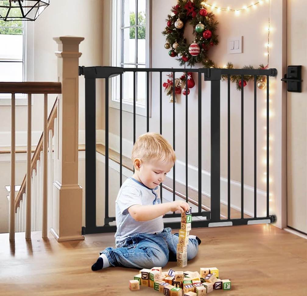 29.5"-43.3" Extra Wide Safety Baby Gate for Stairs Doorways, Top of Stairs, Black