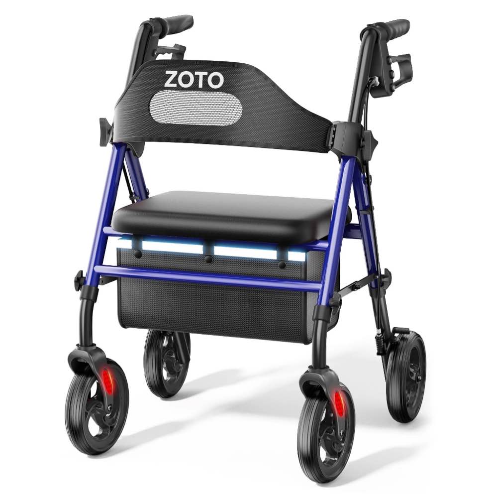 ZOTO Foldable Rollator Walker with Seat for Seniors, Height Adjustable Lightweight Rolling Walker with Sturdy Reinforced Carbon Steel Frame, Blue (VR2-BL)