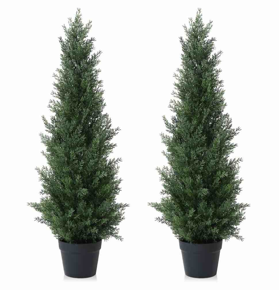 Artificial Cedar Tree 2 Pack 3 ft Outdoor Artificial Topiary Cedar Plants Fake Tree UV Rated Potted Plants for Porch Decor Faux Pine Tree for Perfect Housewarming Gift