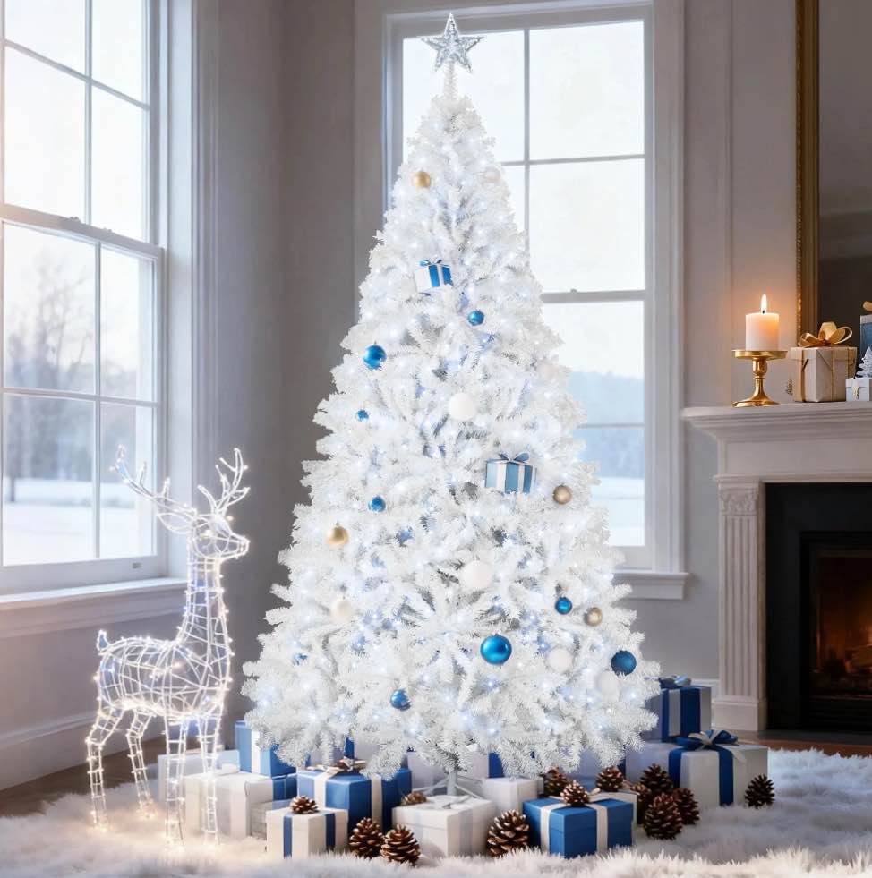 7.5FT Prelit Christmas Tree, Full Xmas Pine Tree with 1300 Branch Tips 400 Cold Warm Light for Holiday Indoor Outdoor Decoration, White