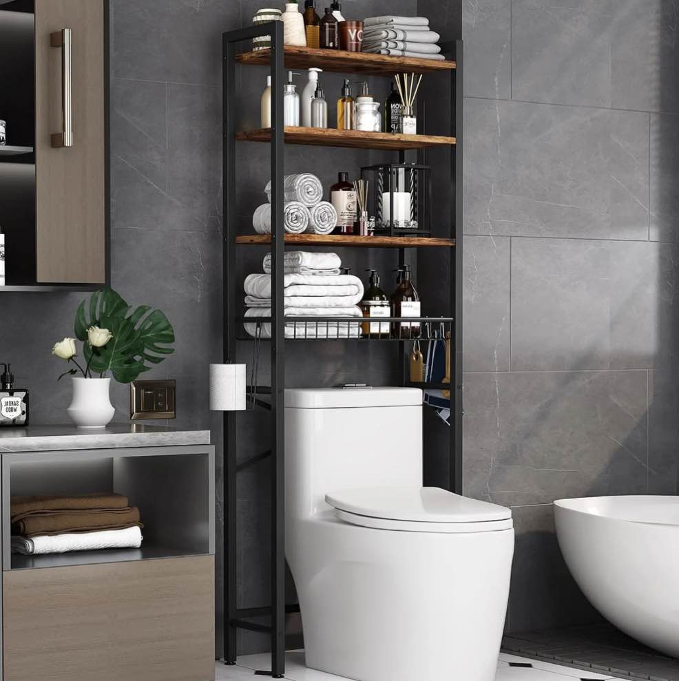 Biemlerfn Over The Toilet Storage Shelf, 4-Tier Wooden Bathroom Organizer Adjustable Saver Space Rack with Toilet Paper Holder, Vintage Brown