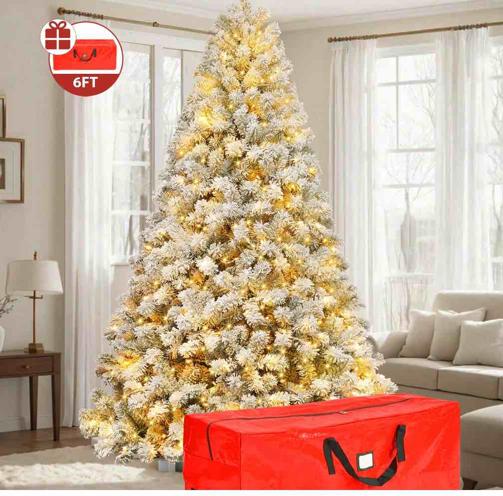 IZNEN 6ft Pre-Lit Snowflake Flocked Christmas Tree,8 Modes LED Lights,Artificial Xmas Tree with Storage Bag