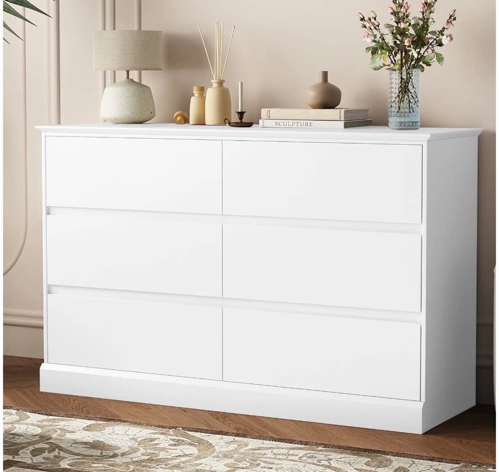White Dressers Bedroom Dresser 6 Drawer Storage Chest of Drawers Double Dresser Storage Side Cabinet Room Furniture for Bedroom Living Room