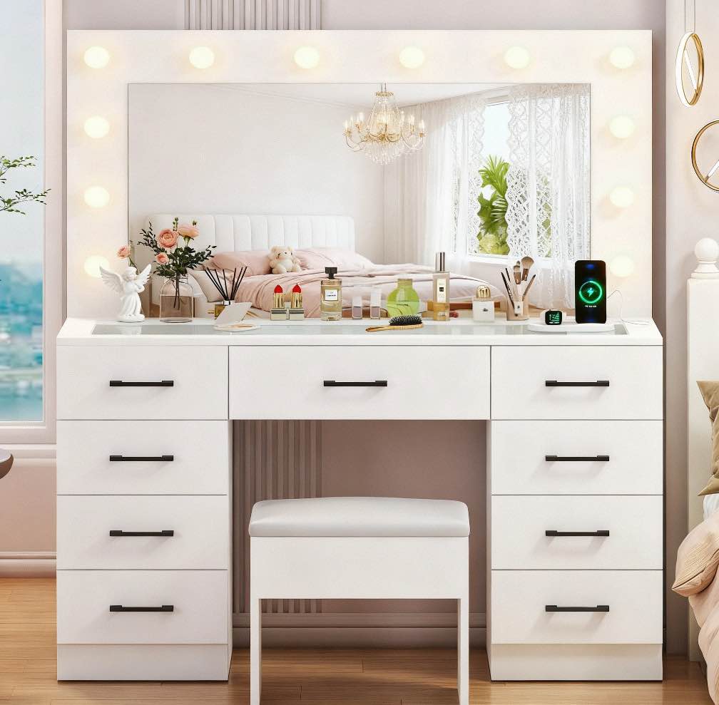 Ktaxon Large Makeup Vanity, Get Ready with Me GRWM Vanity Table Set w/ Visible Glass Top w/ Charging Station, White