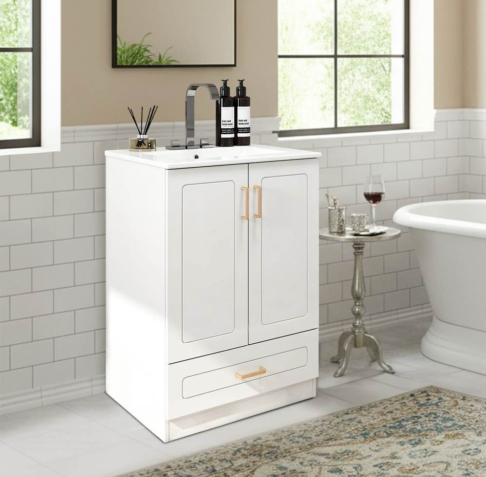 EDX 24-inch Bathroom Vanity Cabinet, Freestanding Modern Cabinet Vanity with Sink, 2 Soft-Closing Doors & 1 Drawer,White