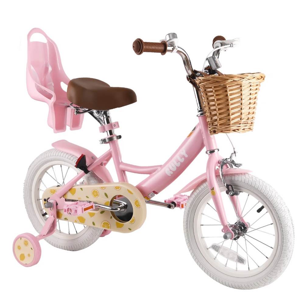 RULLY Lemon Kids Bike 14 Inch Bicycle for Girls Ages 3 4 5 Years, Girl Bikes with Basket & Doll Seat,Pink