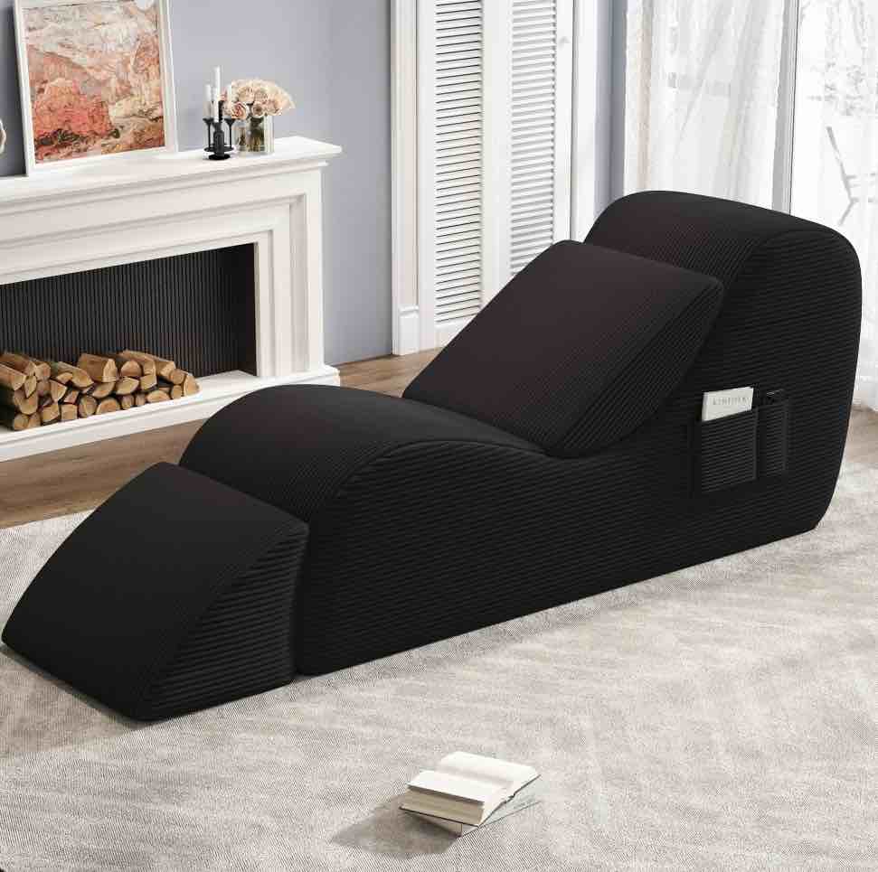 Yoga Curve Chair, Corduroy Yoga Chaise Lounge Chair for Adults, With Lumbar Pillow, Side Pocket, Ottoman, Modern Yoga Couch for Stretching and Relaxation, Black