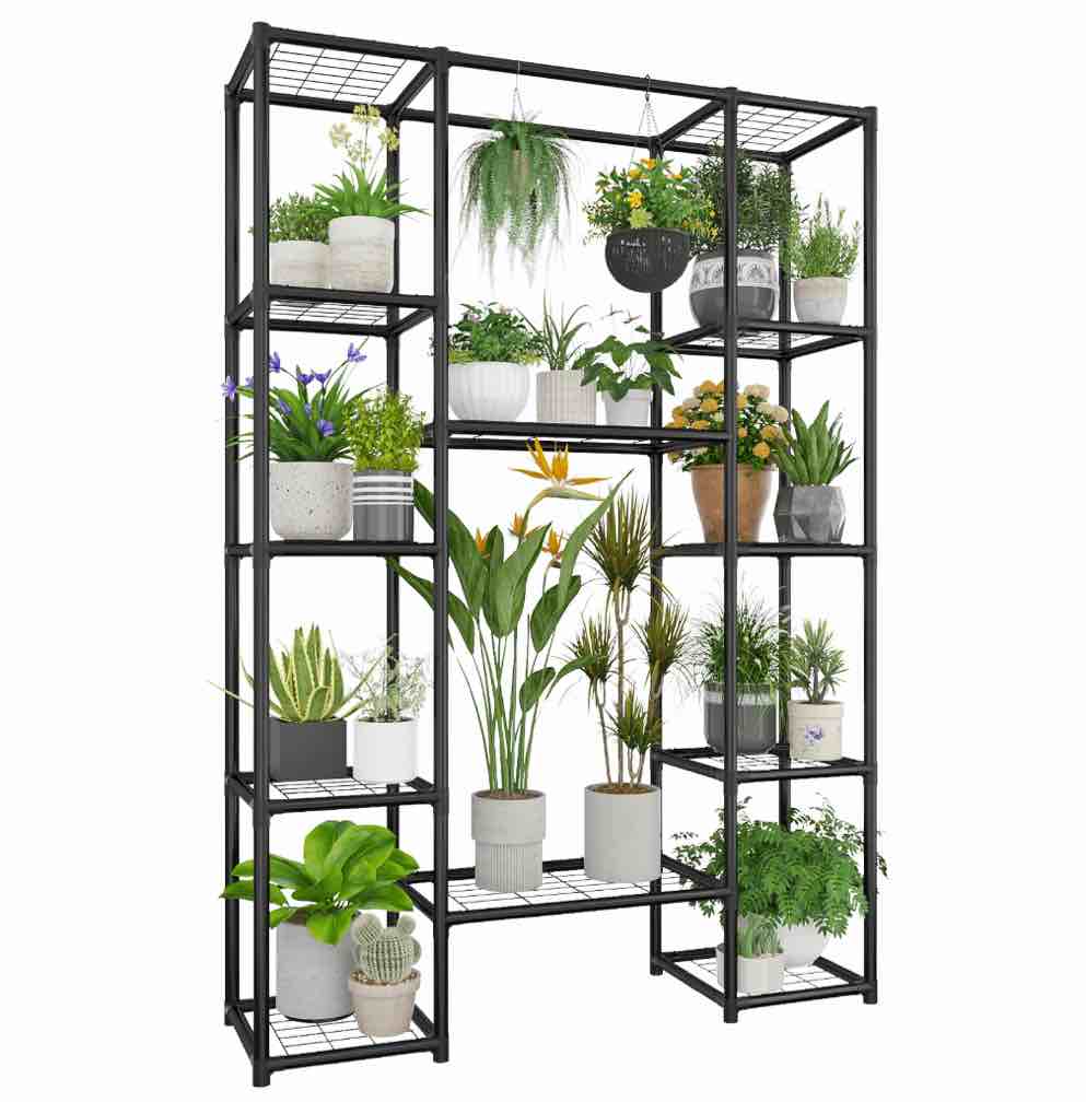 Plant Stand Metal Outdoor Indoor Tall Large Plant Shelf Hanging Plant Stand Waterproof Black Plant Rack Flower Holder for Living Room Patio Balcony Garden