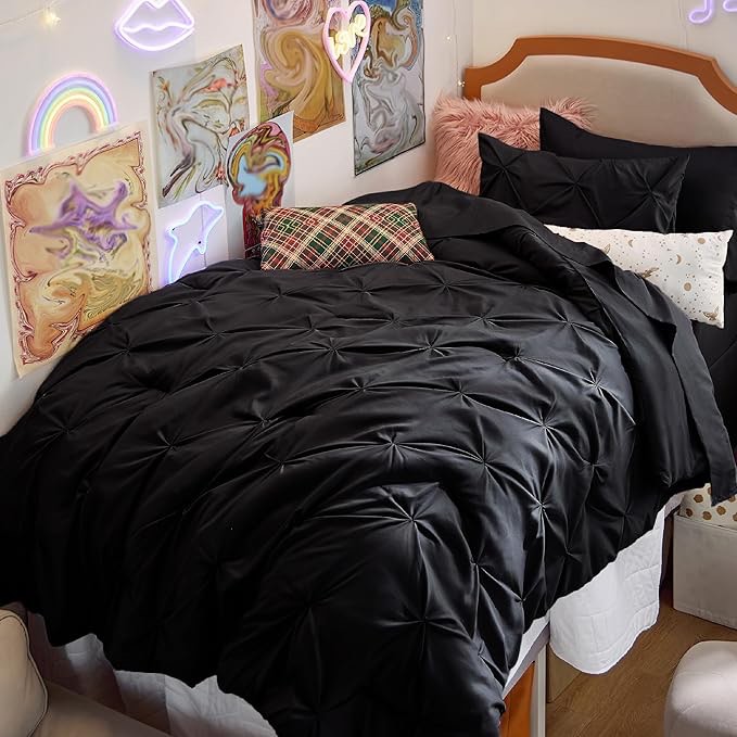 Bedsure Twin Comforter Set Black - Bed in a Bag Twin Size 5 Pieces, GentleSoft™ Pintuck Bed Set Gift