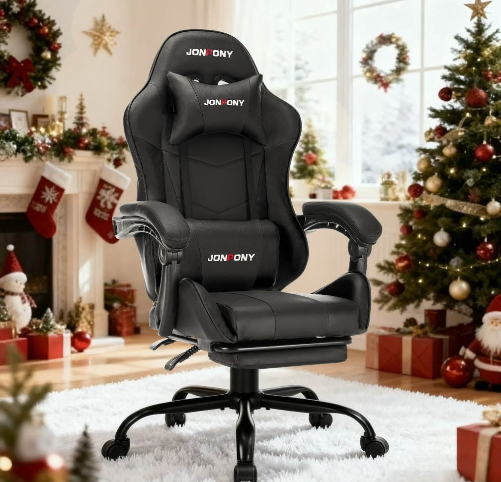 JONPONY Big and Tall 400LBS Gaming Chair, Ergonomic Design, Gamer Chair PU Leather with Footrest and Lumbar Support, High Back Office Chair Support 8 Hours Long Sitting, Computer Chair,Black