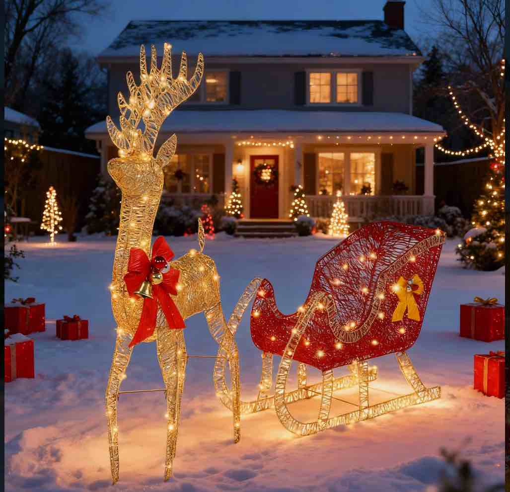 Christmas Reindeer Sleigh Set Outdoor Decoration Holiday Decor LED Lights,Gold Ktaxon