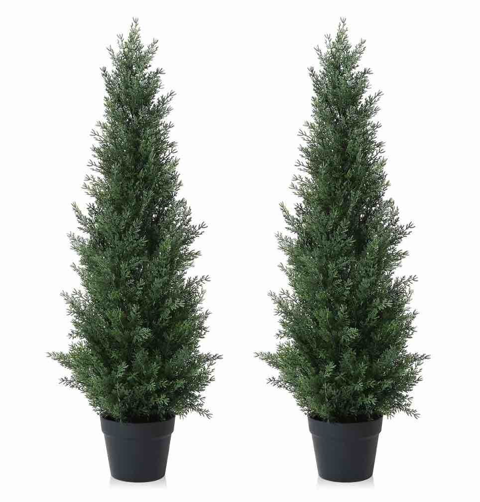 Artificial Cedar Tree 2 Pack 3 ft Outdoor Artificial Topiary Cedar Plants Fake Tree UV Rated Potted Plants for Porch Decor Faux Pine Tree for Perfect Housewarming Gift