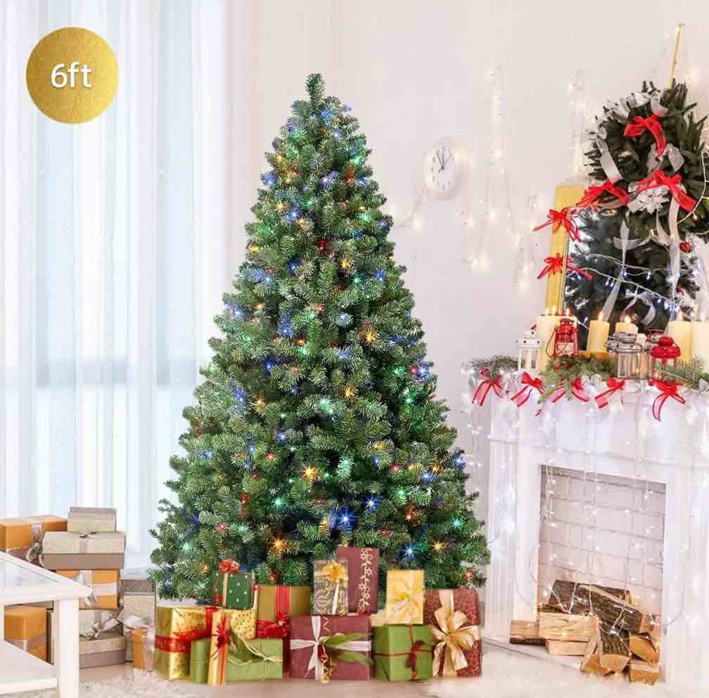 6.5ft Pre-Lit Premium Artificial Hinged Christmas Tree w/ Remote Control, Timer and Warm White & Color LED Changing Lights