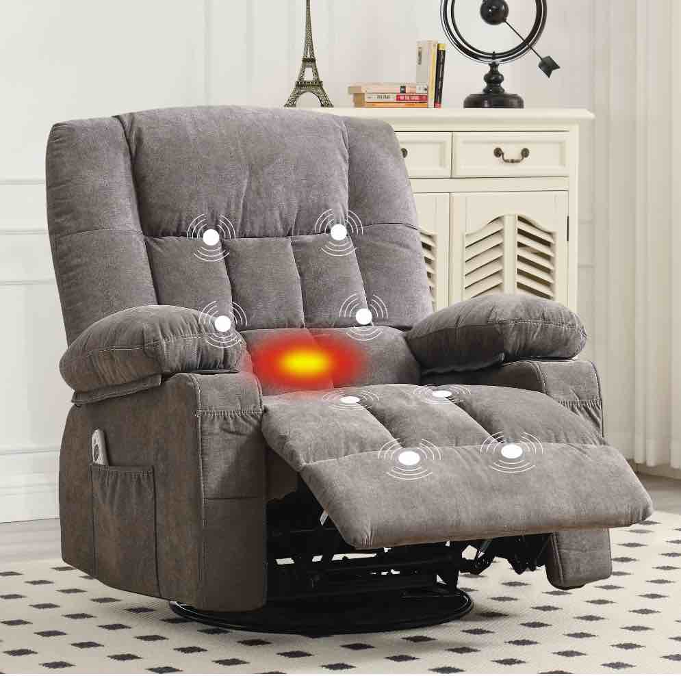 JONPONY Massage Swivel Rocker Recliner Chair with Vibration Massage and Heat Ergonomic Lounge Chair for Living Room with Rocking Function and Side Pocket, 2 Cup Holders, USB Charge Port,Grey