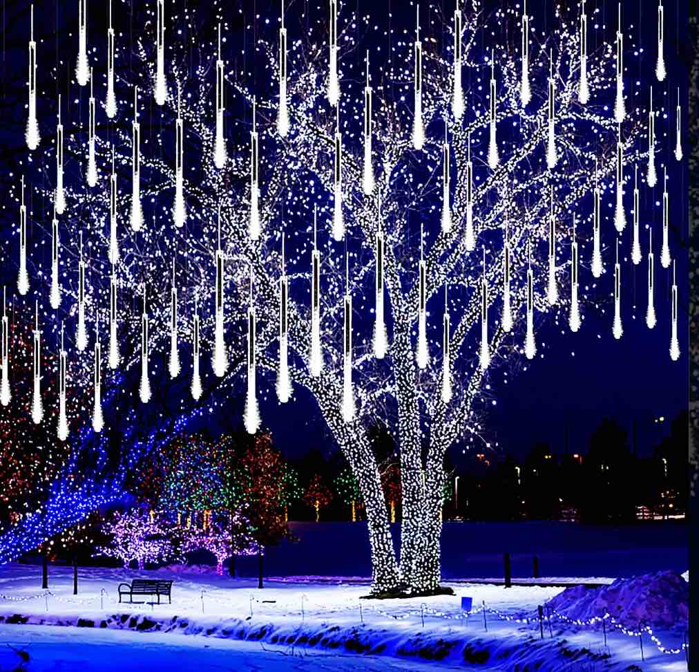 Meteor Shower Lights Falling Rain Lights 8 Tube Snow Falling Icicle Cascading Lights for Xmas Tree Halloween Decoration Wedding Party, UL Plug, White