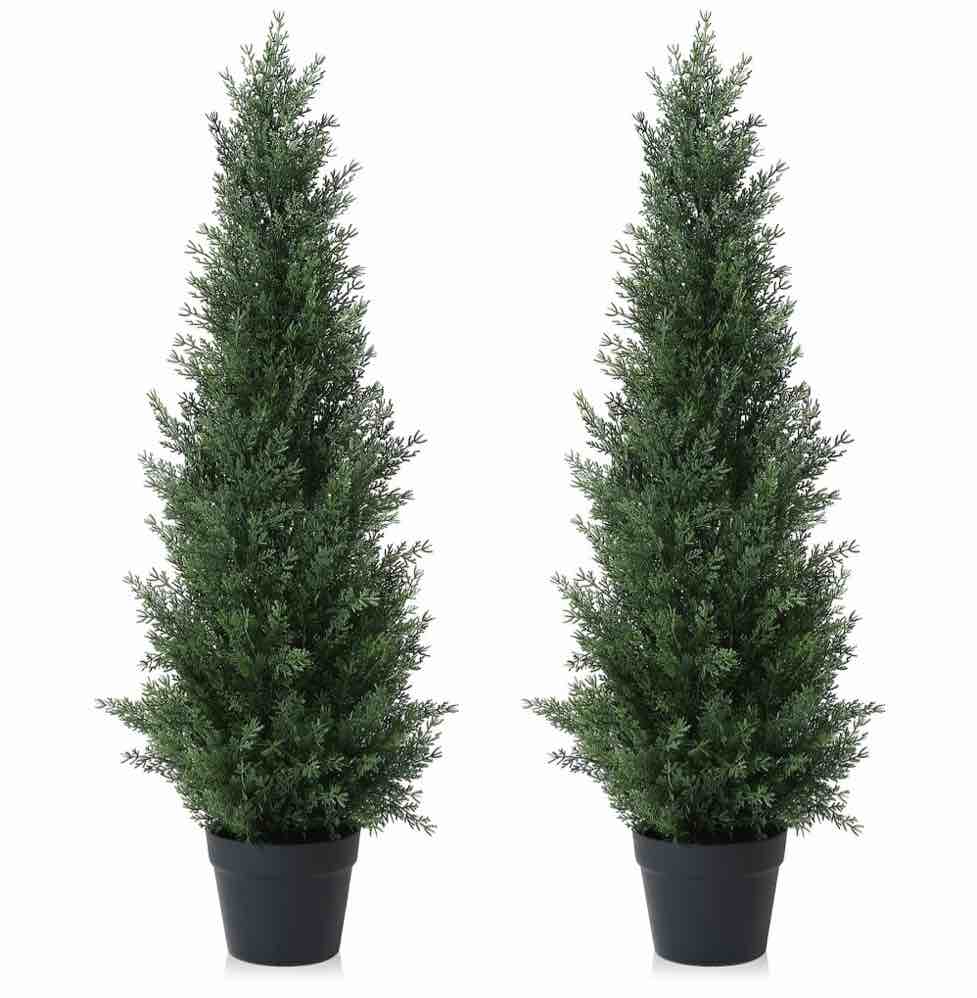 Artificial Cedar Tree 2 Pack 3 ft Outdoor Artificial Topiary Cedar Plants Fake Tree UV Rated Potted Plants for Porch Decor Faux Pine Tree for Perfect Housewarming Gift