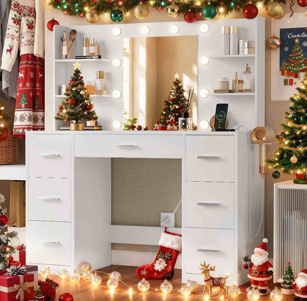 Lacoo Vanity Desk with Mirror and LED Lights, Makeup Vanity with 7 Drawers & 4 Shelves, Vanity Table with Power Outlet for Bedroom Dressing Room, White