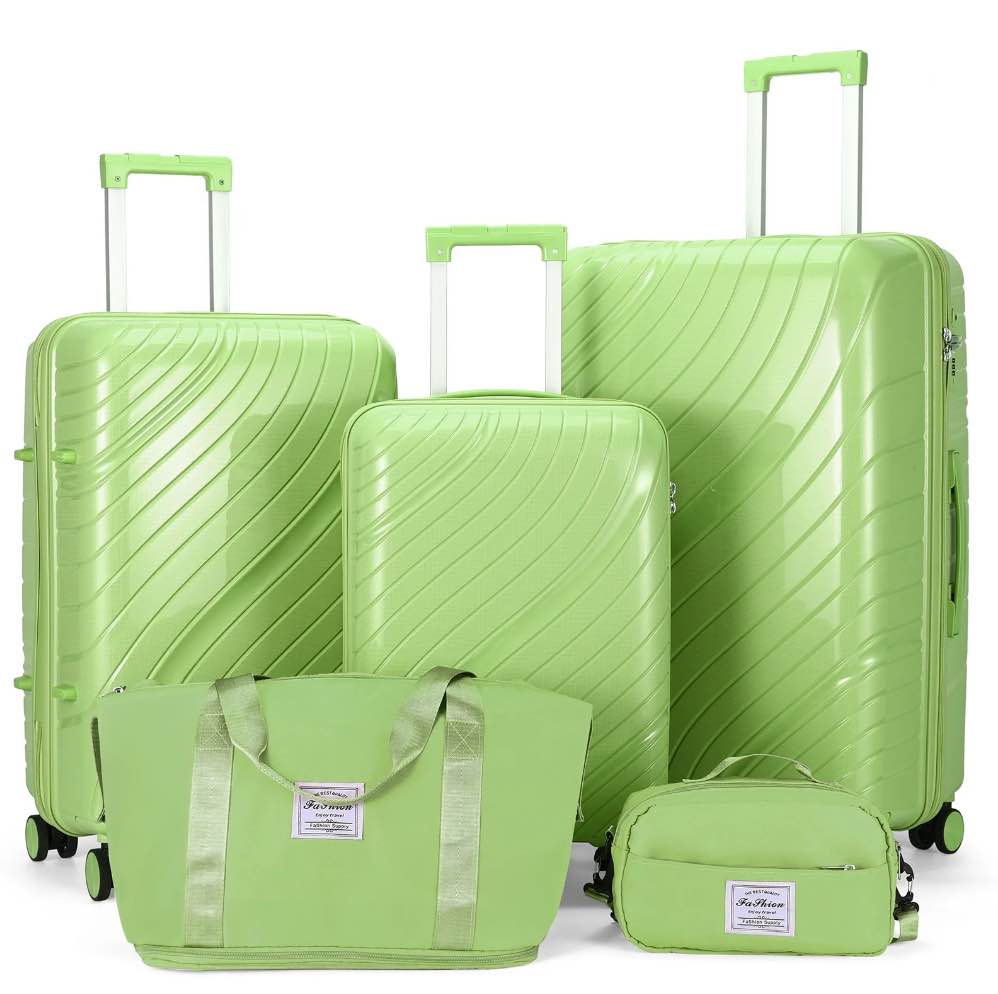 Zimtown 5 Piece Luggage Sets, PP Hardside Luggage Suitcase Set with Portable Travel Bag, Spinner Wheels and TSA Lock, Green
