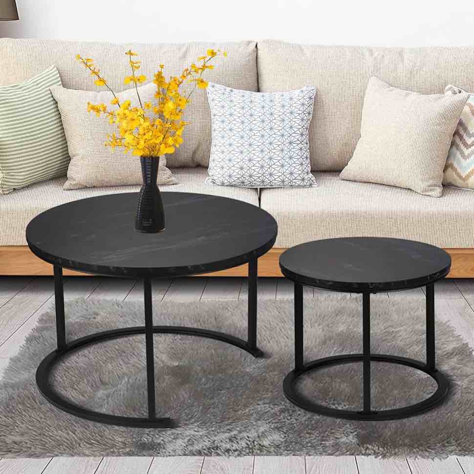 Modern Round Nesting Coffee Table Set 2 Pieces Solid Metal Frame for Home, Black