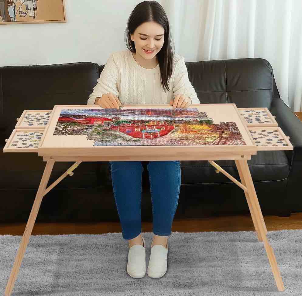Jolicasa 27.6"H Wooden Puzzle Table for Adults,1500PCS Jigsaw Puzzle Board with 4 Sorting Drawers and Translucent Cover