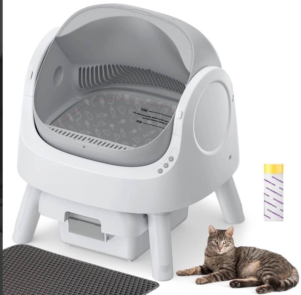 PetPivot Large Open-Top Automatic Cat Litter Box Self Cleaning with Safety Protection, Mat and Trash Bags Included, Grey
