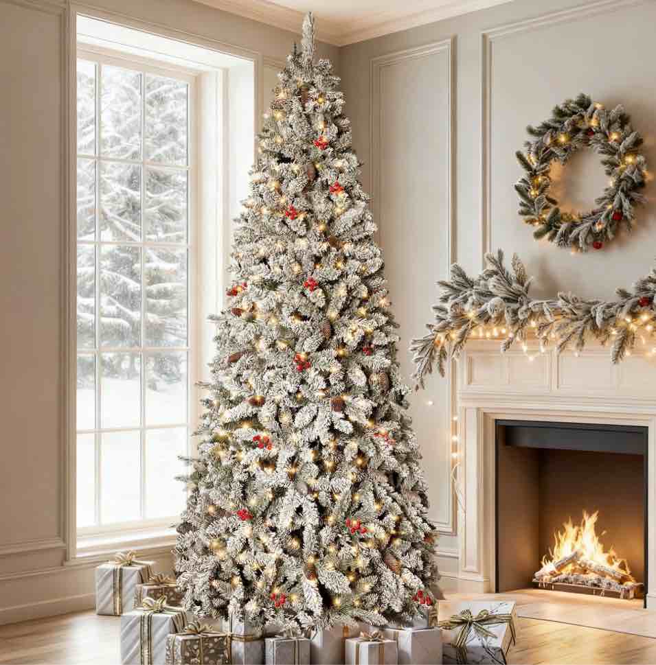 GVDV Christmas Tree 7.5ft Pre-Lit Snow Flocked Artificial Christmas Tree with Pinecones & Berries, for Home, Office and Party Decor, Metal Hinges Easy Assembly