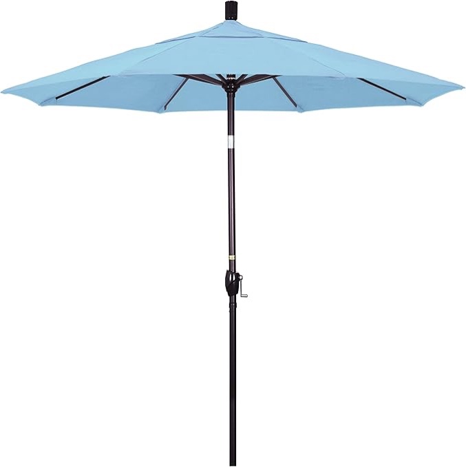 California Umbrella 7.5' Round Aluminum Market Umbrella, Crank Lift, Push Button Tilt, Bronze Pole, Sunbrella Air Blue