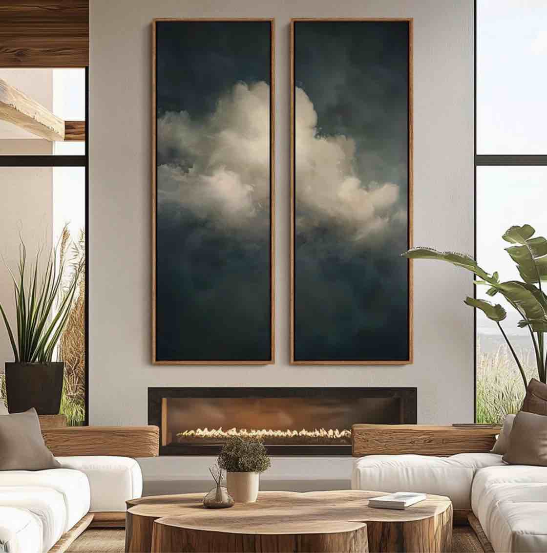 Vintage Dark Sky Cloud Wall art - 20x60 inches Framed Canvas Set of 2