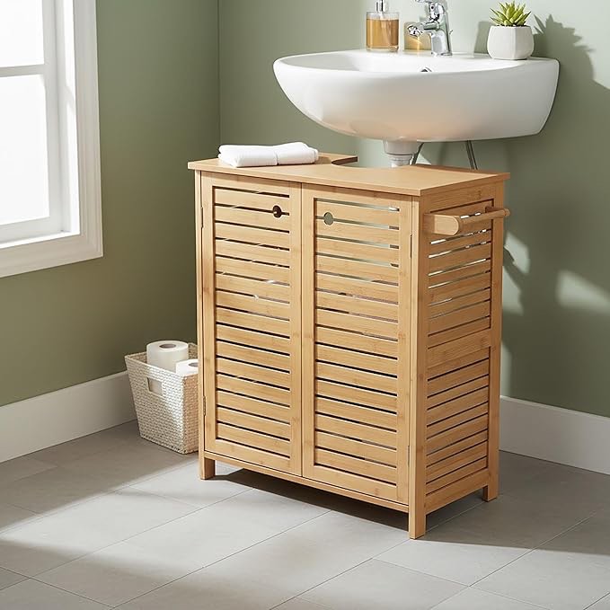 Natural Under Sink Cabinet with U-Shaped Cut-Out Double Vented Doors Towel Holder - Trinidad Collection  