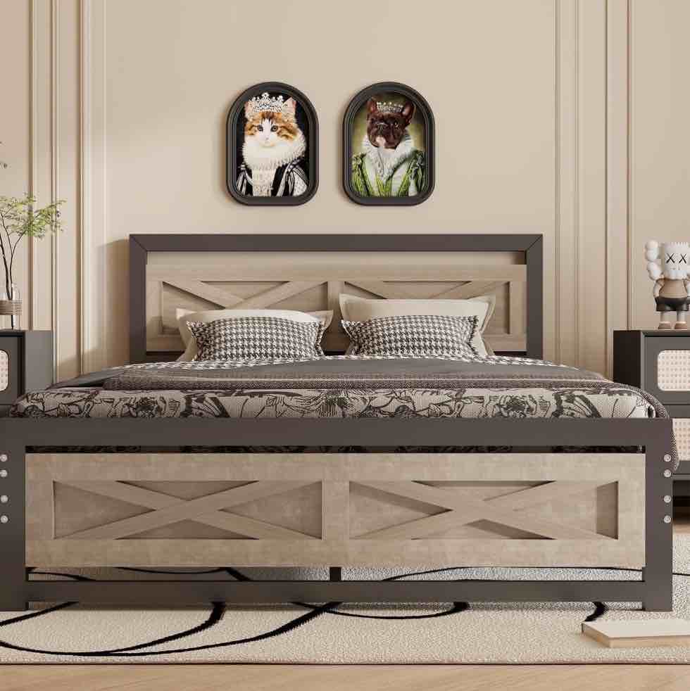 Behost Twin Bed Frame with Headboard and Underbed Storage, Metal Wood Platform Bed Frame Twin, No Box Spring Needed