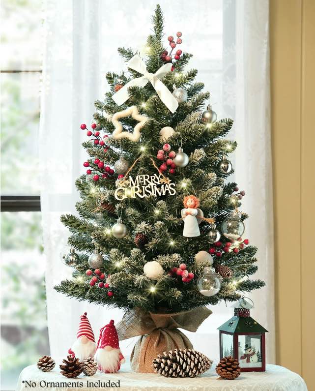 OasisCraft 3ft Tabletop Christmas Tree, Pre-Lit Xmas Tree with Cloth Bag Base, Mini Christmas Tree with LED Lights, Artificial Christmas Tree with Pine Cones Red Berries