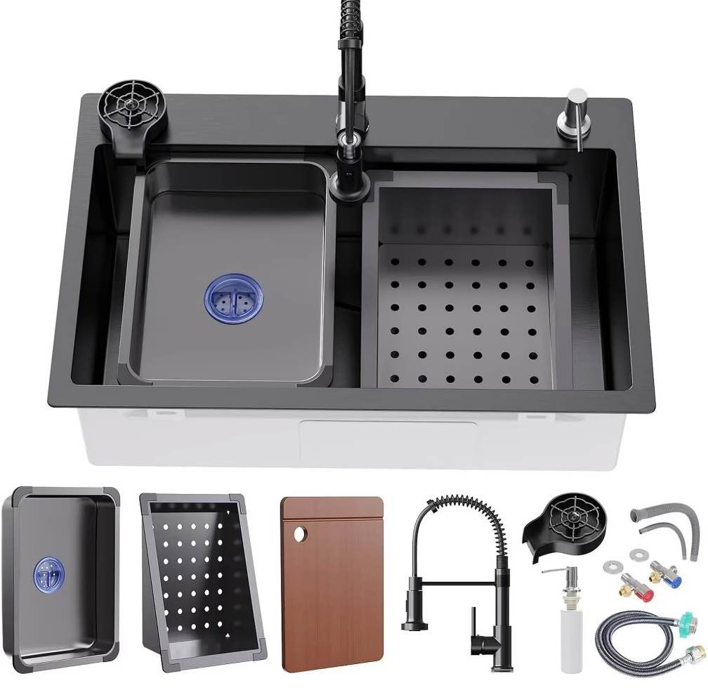 29.5 * 17.7 inch Kitchen Sink, Single Bowl Stainless Steel Sink Multifunctional Drop In Sink with Pull-Down Faucet and Multiple Accessories (black grey, 29.5 * 17.7 inch)