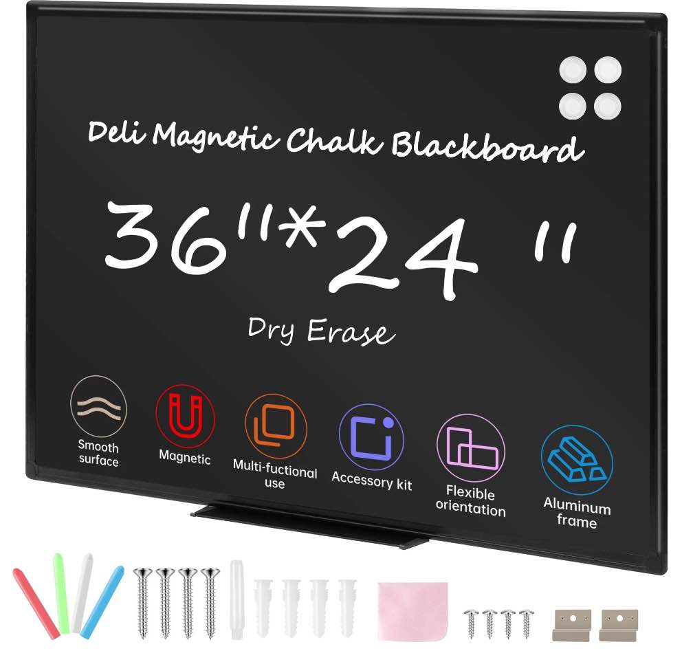 Deli Magnetic Blackboard Dry Erase Board, 36" x 24" Wall Mounted Black Board with Aluminium Frame for School and Home