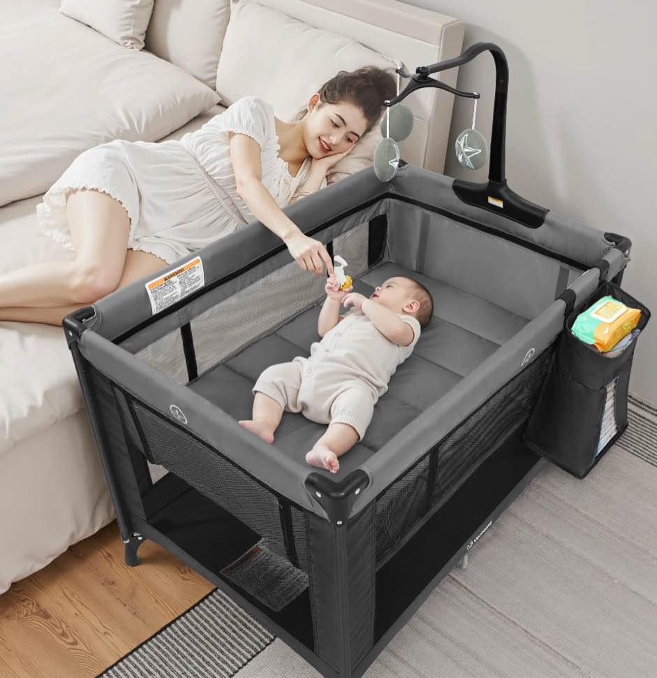 Vomeast Baby Playard with Bassinet,Portable Foldable Pack and Play with Toy Bar(Grey)