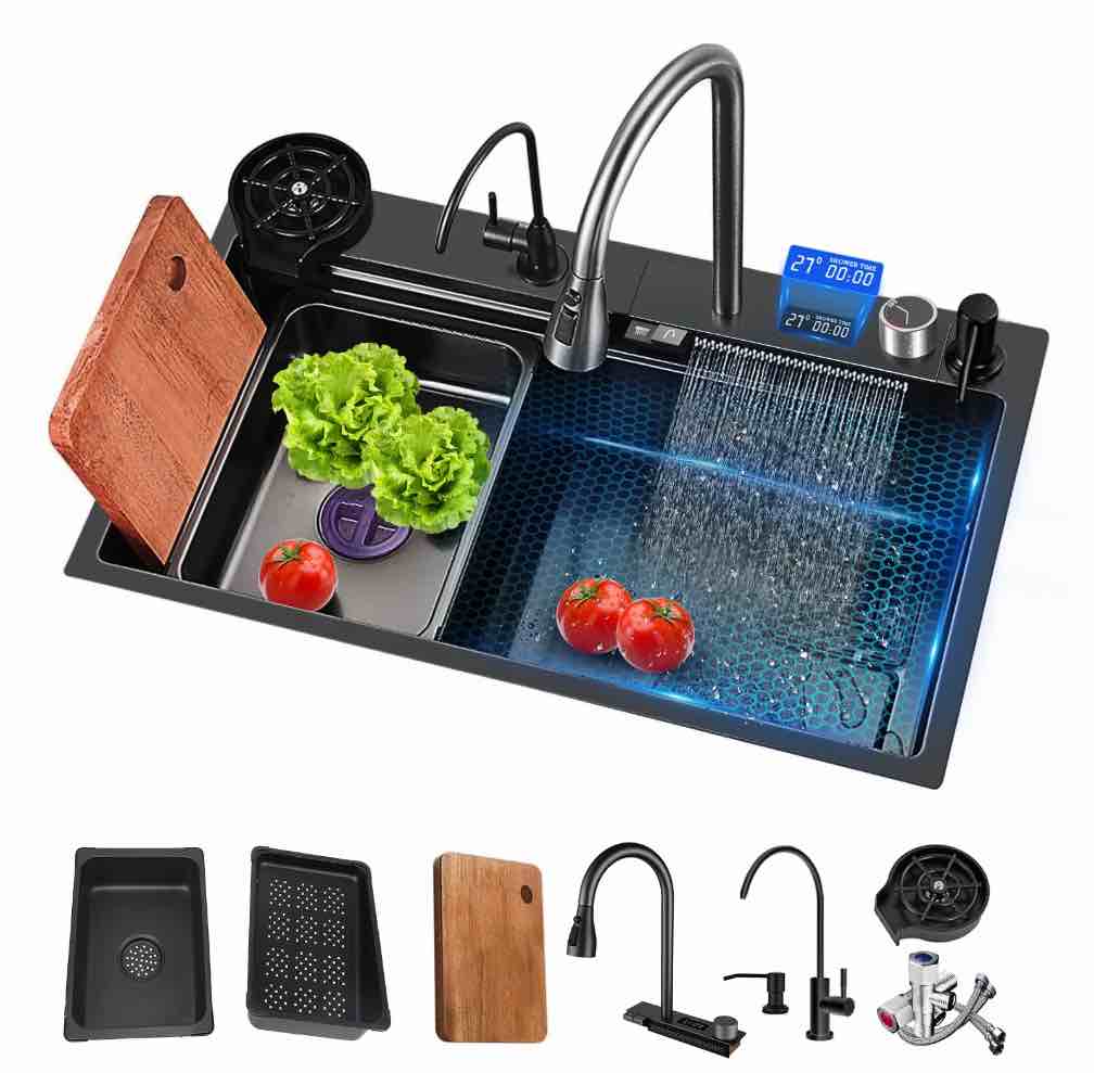 Waterfall Kitchen Sink, 31.5" Single Bowl Drop In Kitchen Sink with Pull-Out Faucet, Thickened Stainless Steel Digital Display Kitchen Sink, Black