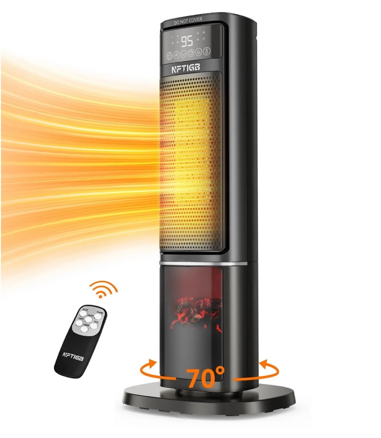 NFTIGB 24 inch Space Heater with Flame Effect, 1500W Ceramic Heater with Thermostat, PTC Heater for Indoor, 12H Timer & Remote, for Office, Bedroom, Living Room, New
