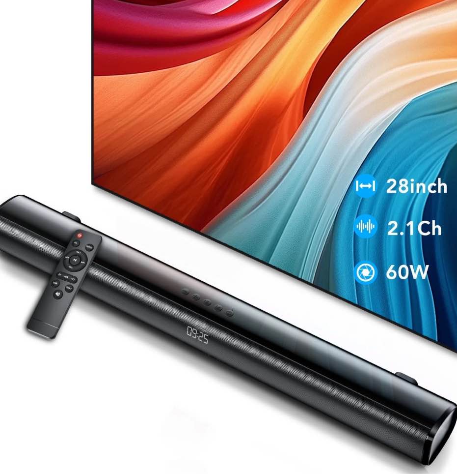 Sound Bar for TV, 60W Soundbar TV Speakers, 2.1 ch Home Theater with Subwoofer Boost, 3 Equalizer Modes, Soundbar for TV/PC/Gaming/Projectors, Bluetooth, OPT, COX, USB & AUX Wall Mountable