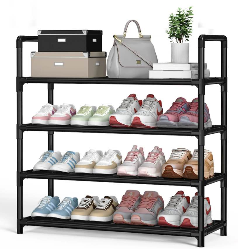 Krpimt 4-Tier Shoe Rack, 31.5" Stackable Shoe Organizer Storage Holds 12-16 Pairs, Metal Shoe Shelf for Entryway Hallway and Closet, Black