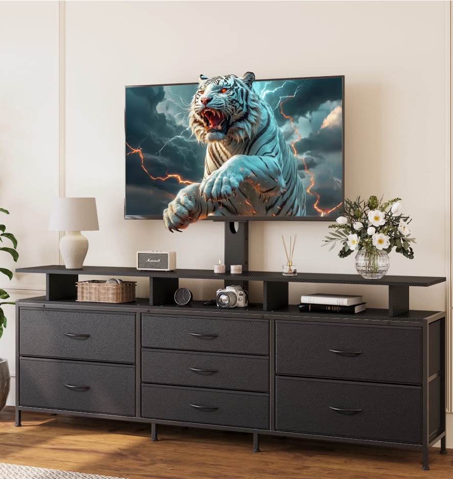 GUNAITO TV Stand with Adjustable Mount for TV up to 75", Big TV Stand for Living Room with 7 Fabric Drawers , Black