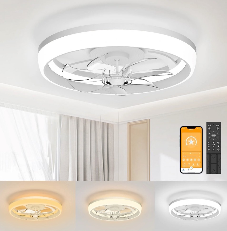 SKVEVN 19" Ceiling Fan with Light - 3 Colors Lighting, 6 Wind Speeds, Remote Control&APP, Modern Dimmable LED, Smart Ceiling Fan for Bedroom(White)