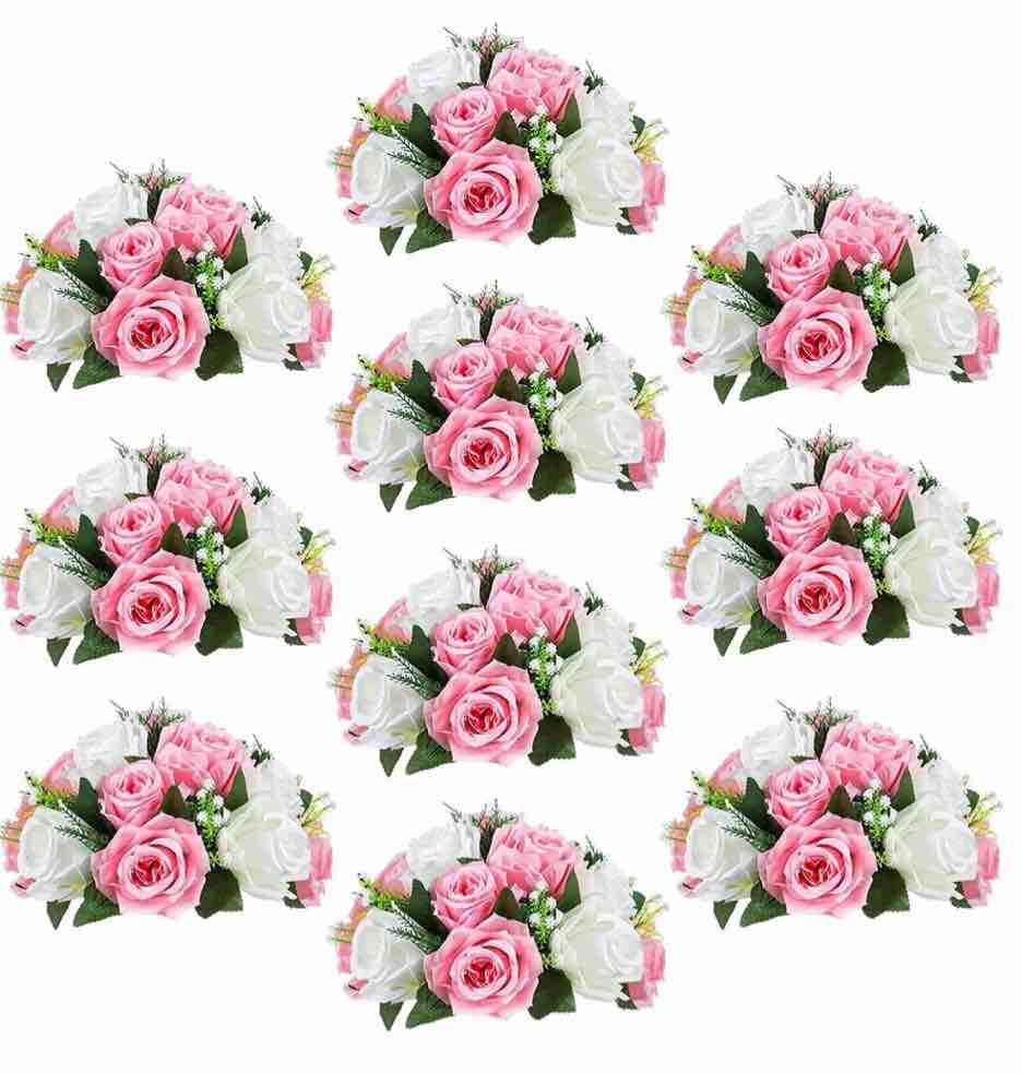 Nuptio Set of 10 Pink White Rose Artificial Flower Kissing ball, 15 Heads Fake Peony Silk Rose Flowers Bouquet for Centerpiece Wedding Birthday Party Home Table Decor