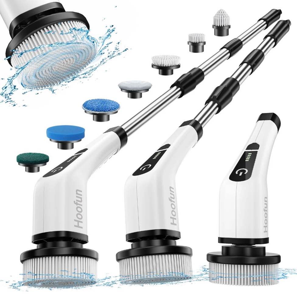 HOOFUN Electric Spin Scrubber, Cordless Bath Tub Power Scrubber with Long Handle & 7 Replaceable Heads, Detachable as Short Handle, Shower Cleaning Brush Household Tools for Bathroom & Tile Floor